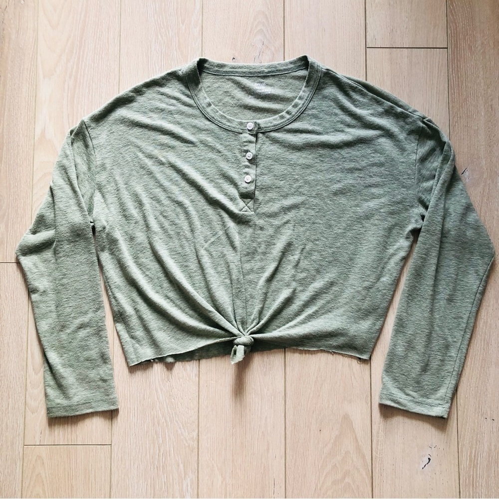 Aerie Olive Cropped Henley Long Sleeve Shirt
